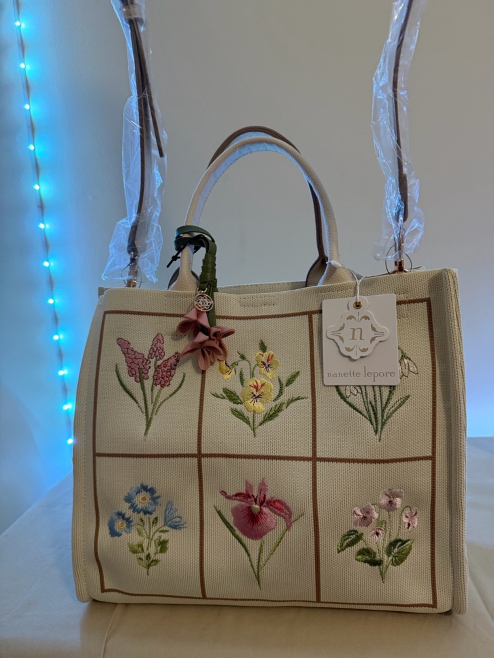 Nanette Lepore Cream Floral Embroidered Tote Bag
